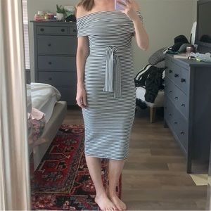 Gray and white striped, off the shoulder midi dress